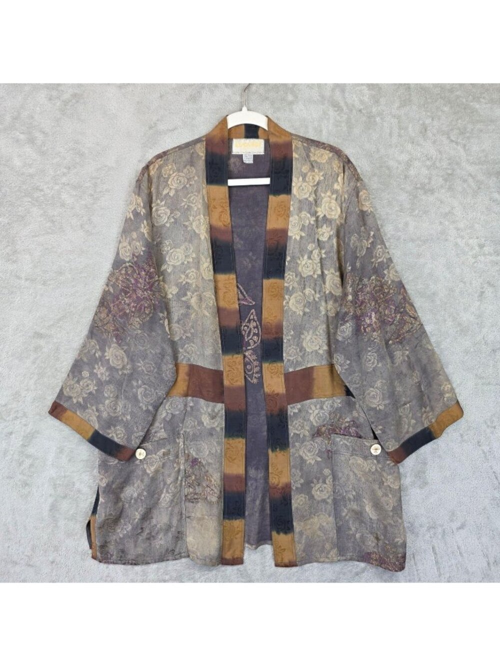 KUSNADI Jacket Womens One Size Multicolor Floral Kimono Open Front Pockets Boho